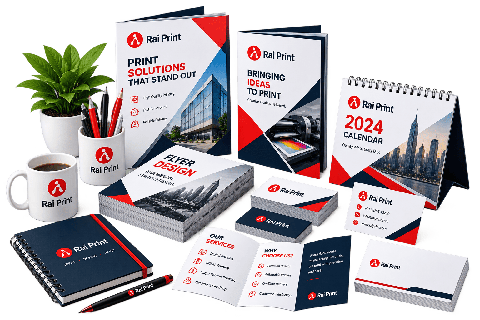Rai Print branded stationery, brochures, business cards and calendar